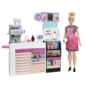 barbie coffee shop with doll and 20+ realistic play pieces: coffee shop, coffee-smoothie maker, milk, syrup, snacks & more; for ages 3 years old & up - gmw03
