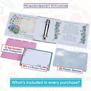 Meadowsweet Kitchens Newlyweds Recipe Card Holder Cookbook Mini 2 Ring Binder Organizer - Recipe Binder Cook Book w/ 50 4 x 6 Cards, 50 Clear Card Sleeves, & 12 Card Dividers w/Categories - Newlyweds