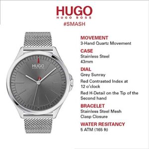 HUGO #Smash Men's Quartz Stainless Steel and Bracelet Watch, Color: Silver (Model: 1530135)