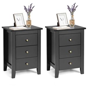 giantex nightstand with 3 drawers set of 2, wooden side table w/solid wood legs & storage cabinet, bedside accent sofa table for bedroom small space, black