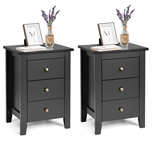 Giantex Nightstand with 3 Drawers Set of 2, Wooden Side Table w/Solid Wood Legs & Storage Cabinet, Bedside Accent Sofa Table for Bedroom Small Space, Black