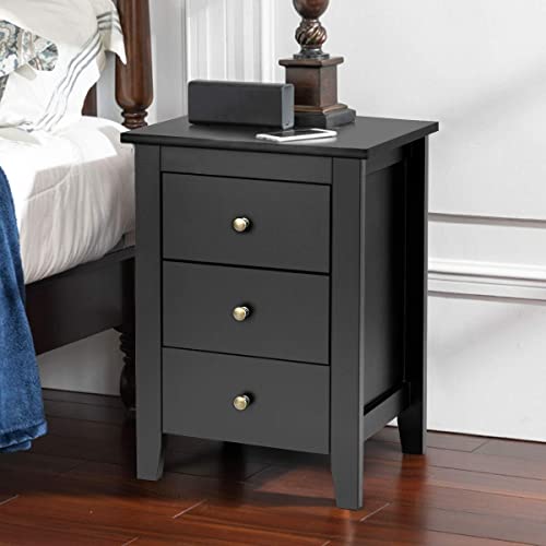 Giantex Nightstand with 3 Drawers Set of 2, Wooden Side Table w/Solid Wood Legs & Storage Cabinet, Bedside Accent Sofa Table for Bedroom Small Space, Black