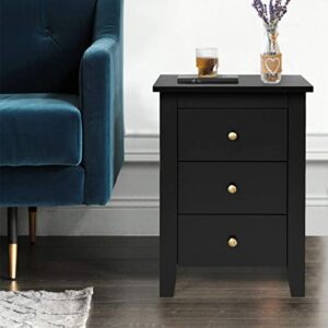 Giantex Nightstand with 3 Drawers Set of 2, Wooden Side Table w/Solid Wood Legs & Storage Cabinet, Bedside Accent Sofa Table for Bedroom Small Space, Black