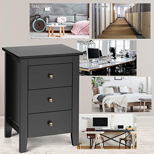 Giantex Nightstand with 3 Drawers Set of 2, Wooden Side Table w/Solid Wood Legs & Storage Cabinet, Bedside Accent Sofa Table for Bedroom Small Space, Black