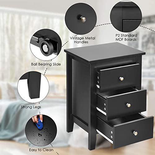 Giantex Nightstand with 3 Drawers Set of 2, Wooden Side Table w/Solid Wood Legs & Storage Cabinet, Bedside Accent Sofa Table for Bedroom Small Space, Black