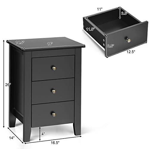 Giantex Nightstand with 3 Drawers Set of 2, Wooden Side Table w/Solid Wood Legs & Storage Cabinet, Bedside Accent Sofa Table for Bedroom Small Space, Black