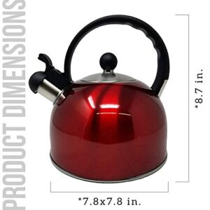 2.5 Liter Whistling Tea Kettle - Modern Stainless Steel Whistling Tea Pot for Stovetop with Cool Grip Ergonomic Handle (Red)