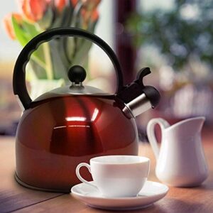 2.5 Liter Whistling Tea Kettle - Modern Stainless Steel Whistling Tea Pot for Stovetop with Cool Grip Ergonomic Handle (Red)