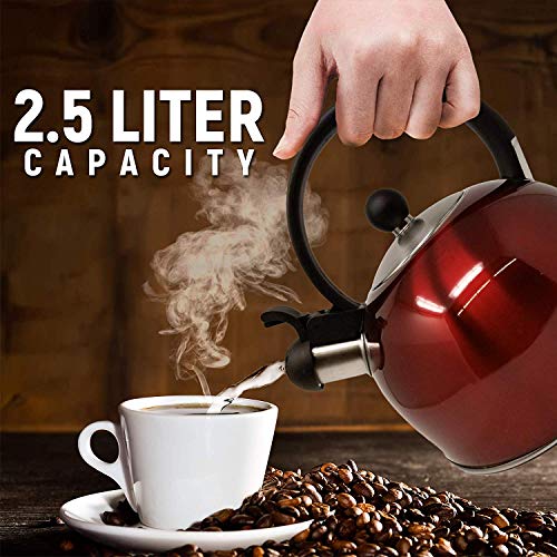 2.5 Liter Whistling Tea Kettle - Modern Stainless Steel Whistling Tea Pot for Stovetop with Cool Grip Ergonomic Handle (Red)