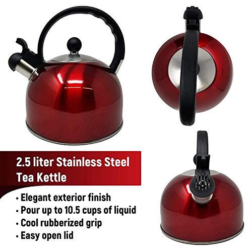 2.5 Liter Whistling Tea Kettle - Modern Stainless Steel Whistling Tea Pot for Stovetop with Cool Grip Ergonomic Handle (Red)