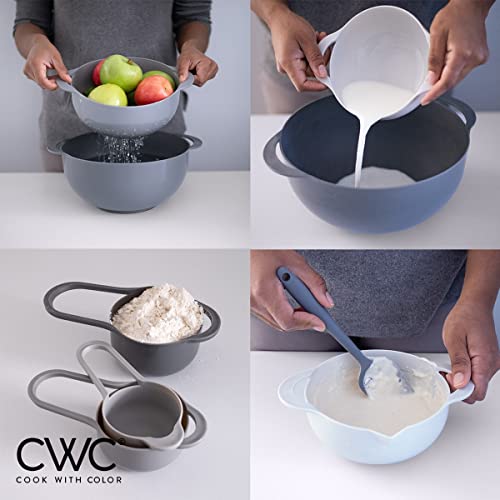 COOK WITH COLOR 8 Piece Nesting Bowls with Measuring Cups Colander and Sifter Set - Includes 2 Mixing Bowls, 1 Colander, 1 Sifter and 4 Measuring Cups, Gray