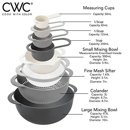 COOK WITH COLOR 8 Piece Nesting Bowls with Measuring Cups Colander and Sifter Set - Includes 2 Mixing Bowls, 1 Colander, 1 Sifter and 4 Measuring Cups, Gray