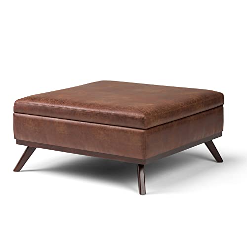 SIMPLIHOME Owen 36 Inch Wide Mid Century Modern Square Coffee Table Lift Top Storage Ottoman in Upholstered Distressed Saddle Brown Faux Leather, For the Living Room