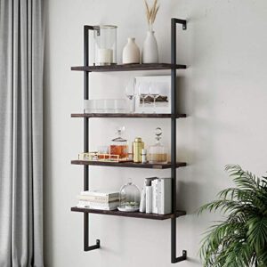 nathan james theo 4-shelf bookcase, floating wall mount shelves with natural wood and industrial pipe metal frame, nutmeg/black