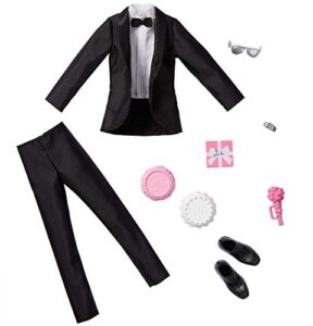 barbie fashion pack: bridal outfit for ken doll with tuxedo, shoes, watch, gift, wedding cake with tray & bouquet, gift for kids 3 to 8 years old