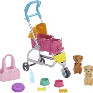 Barbie Dogwalking Doll & Accessories, Stroll & Play Pups Playset with Transforming Stroller, 2 Pets & Handbag, Brunette Doll,Pink