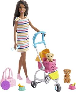 barbie dogwalking doll & accessories, stroll & play pups playset with transforming stroller, 2 pets & handbag, brunette doll,pink