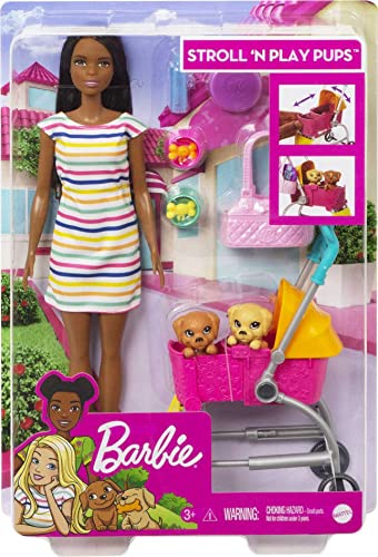 Barbie Dogwalking Doll & Accessories, Stroll & Play Pups Playset with Transforming Stroller, 2 Pets & Handbag, Brunette Doll,Pink