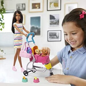 Barbie Dogwalking Doll & Accessories, Stroll & Play Pups Playset with Transforming Stroller, 2 Pets & Handbag, Brunette Doll,Pink