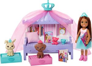 barbie princess adventure chelsea princess storytime playset, with chelsea doll, canopy bed, 2 pets and accessories, gift for 3 to 7 year olds