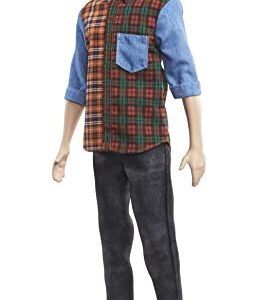 Barbie Ken Fashionistas Doll #154 with Sculpted Purple Hair Wearing a Color-Blocked Plaid Shirt, Black Denim Pants & Boots, Toy for Kids 3 to 8 Years Old