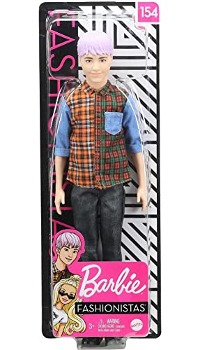 Barbie Ken Fashionistas Doll #154 with Sculpted Purple Hair Wearing a Color-Blocked Plaid Shirt, Black Denim Pants & Boots, Toy for Kids 3 to 8 Years Old