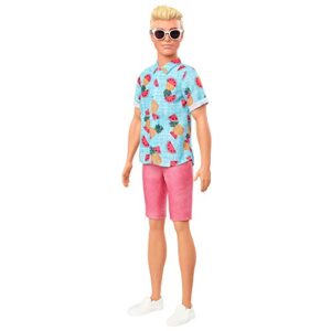 barbie ken fashionistas doll #152 with sculpted blonde hair wearing blue tropical-print shirt, coral shorts, white shoes & white sunglasses, toy for kids 3 to 8 years old