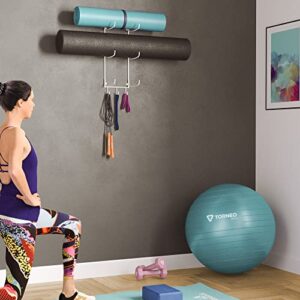 Wallniture Guru Wall Mount Yoga Mat Home Gym Equipment Resistance Bands and Foam Roller Holder with 3 Hooks 3 Sectional Metal White