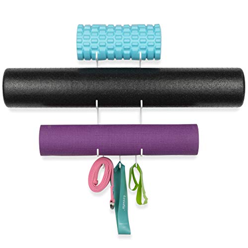 Wallniture Guru Wall Mount Yoga Mat Home Gym Equipment Resistance Bands and Foam Roller Holder with 3 Hooks 3 Sectional Metal White