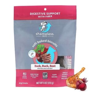 shameless pets soft-baked dog treats, duck duck beet - natural & healthy dog chews for digestive support with fiber - dog biscuits baked & made in usa, free from grain, corn & soy - 1-pack