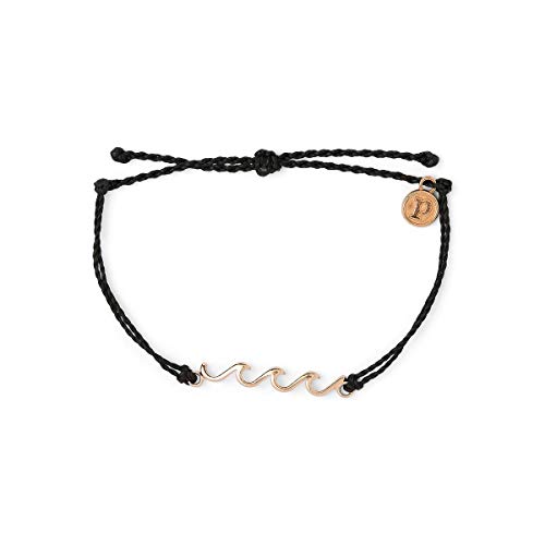 Pura Vida Rose Gold Delicate Wave Bracelet w/Plated Charm - Adjustable Band, 100% Waterproof - Black