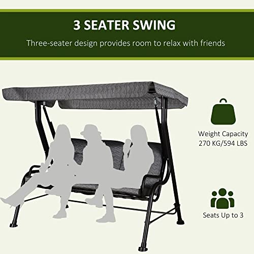 Outsunny 3-Seat Patio Swing Chair, Outdoor Swing Glider with Adjustable Canopy, Removable Thicken Cushion, and Weather Resistant Steel Frame, for Garden, Poolside, Backyard, Black