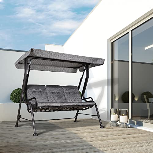 Outsunny 3-Seat Patio Swing Chair, Outdoor Swing Glider with Adjustable Canopy, Removable Thicken Cushion, and Weather Resistant Steel Frame, for Garden, Poolside, Backyard, Black