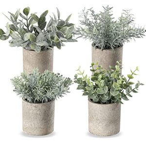 miracliy mini potted fake plants faux artificial eucalyptus boxwood rosemary greenery in gray pots for home office desk bathroom decoration garden decor, indoor & outdoor,set of 4