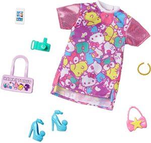 barbie storytelling fashion pack of doll clothes inspired by hello kitty & friends: dress with character print & 6 accessories dolls, gift for 3 to 8 year olds