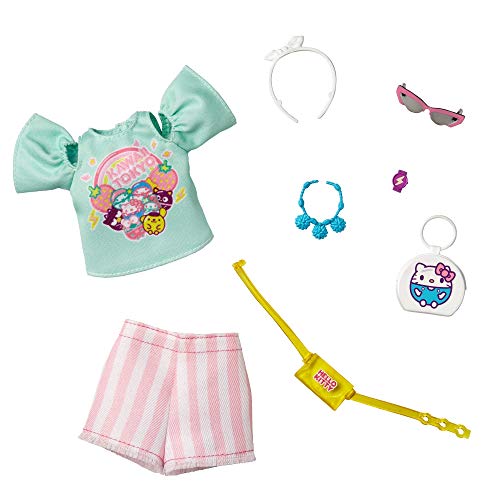 Barbie Storytelling Fashion Pack of Doll Clothes Inspired by Hello Kitty & Friends: Aqua Kawaii Tokyo Top, Striped Shorts & 6 Accessories Dolls, Gift for 3 to 8 Year Olds