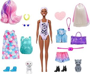 barbie color reveal doll set with 25 surprises including 2 pets & day-to-night transformation: 15 mystery bags contain doll clothes & accessories for 2 looks; water reveals look of metallic doll