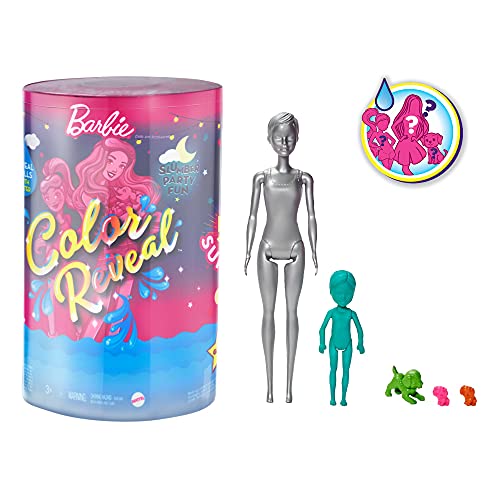 Barbie Color Reveal Set with 50+ Surprises Including 2 Dolls, 3 Pets & 36 Slumber Party-Themed Accessories; Water Reveals Dolls’ & Pets’ Looks & Creates Color Change on Certain Pieces; 28 Mystery Bags