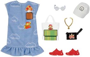 barbie storytelling fashion pack of doll clothes inspired by super mario: dress with graphic print & 6 accessories dolls, gift for 3 to 8 year olds