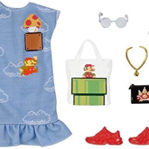 Barbie Storytelling Fashion Pack of Doll Clothes Inspired by Super Mario: Dress with Graphic Print & 6 Accessories Dolls, Gift for 3 to 8 Year Olds