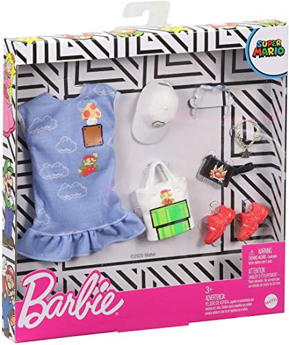 Barbie Storytelling Fashion Pack of Doll Clothes Inspired by Super Mario: Dress with Graphic Print & 6 Accessories Dolls, Gift for 3 to 8 Year Olds