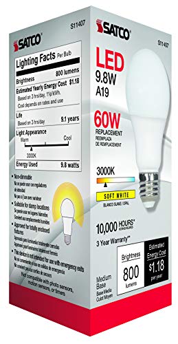 Satco 11407 Econo LED A19 Light Bulb, 60W Replacement, 3000K Warm White, 800 Lumens