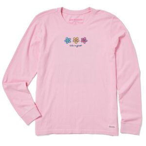 life is good women's standard autumn season cotton tee crewneck graphic long sleeve t-shirt, three daisies, happy pink, xx-large