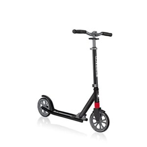 globber 2 wheel kick scooter for teens and adults ages 41+ | adjustable t-bar scooter with 3 height settings | foldable kick scooter for easy and convinent travel & storage (black & grey)