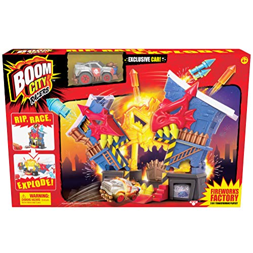 Boom City Racers - Fireworks Factory - 3 in 1 Transforming Playset - Rip, Race, Explode | Includes Exclusive Collectible Car - Thrilling Fun, Engaging Play