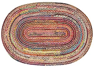 hand braided cotton and jute rug - 4x6 feet oval reversible farmhouse accent area rug boho rustic home decor colorful recycled chindi carpet