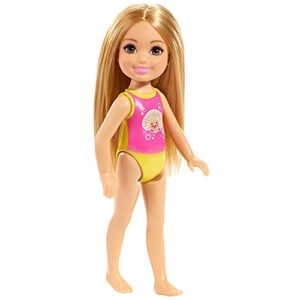 barbie club chelsea beach doll, 6-inch, pink and yellow sea shell bathing suit