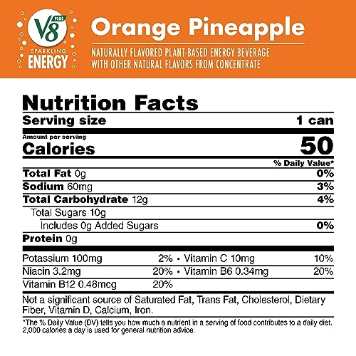 V8 +SPARKLING ENERGY Orange Pineapple Energy Drink, Made with Real Vegetable and Fruit Juices, 11.5 FL OZ Can (Pack of 12)