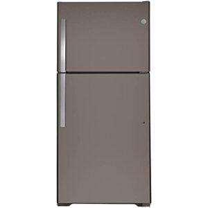 ge gts22kmnres 33" top freezer refrigerator with 21.93 cu. ft. capacity, led lighting, edge-to-edge glass shelves and upfront temperature controls in slate