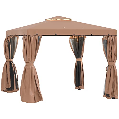 Outsunny 10' x 10' Patio Gazebo, Outdoor Gazebo Canopy Shelter with Double Vented Roof, Netting and Curtains, for Garden, Lawn, Backyard and Deck, Brown